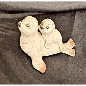 Vintage Enesco Seal Figurine – 4" Baby Seal on Mom – Designed Giftware Mexico